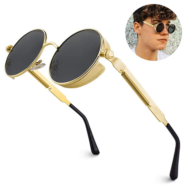 1 par de gafas de sol polarizadas para hombre, protección UV, estilo gótico redondo para mujer, montura circular de metal.