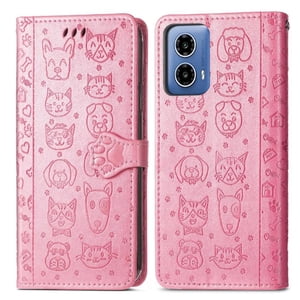 Funda Cartera Foxdock Para Motorola Moto G34 , Flip Pu Con Relieve De Gatos Y Perros, Tarjetero Y Soporte