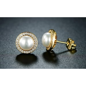 Aros Paris Jewelry 18K Yellow Gold White Freshwater Pearl Halo Round 1 Ct Stud Plated