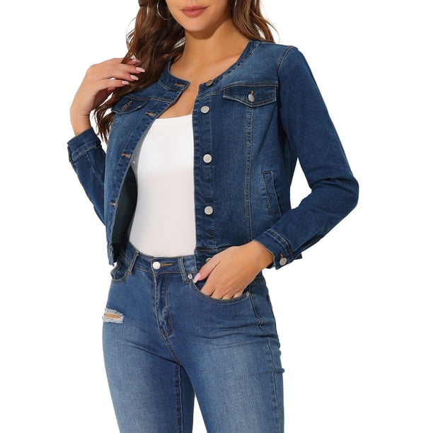 INSPIRE CHIC Chaqueta Vaquera Recortada de Manga Larga sin Cuello con Botones para Mujer de Regreso a Clases Azul Oscuro M