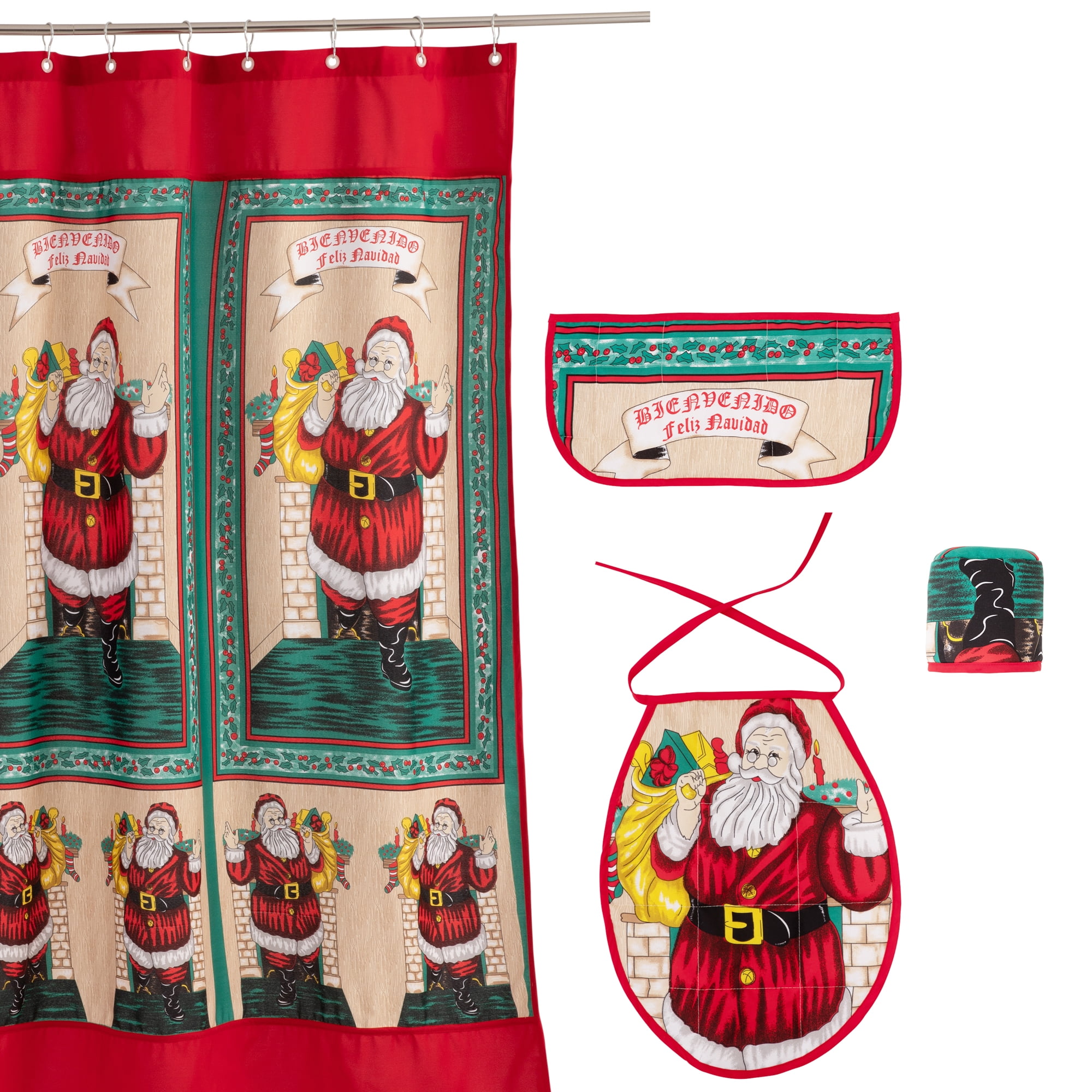 Gentile - Cortina Y Set De Baño Navidad 4 Piezas Rojo Pascuero Grande