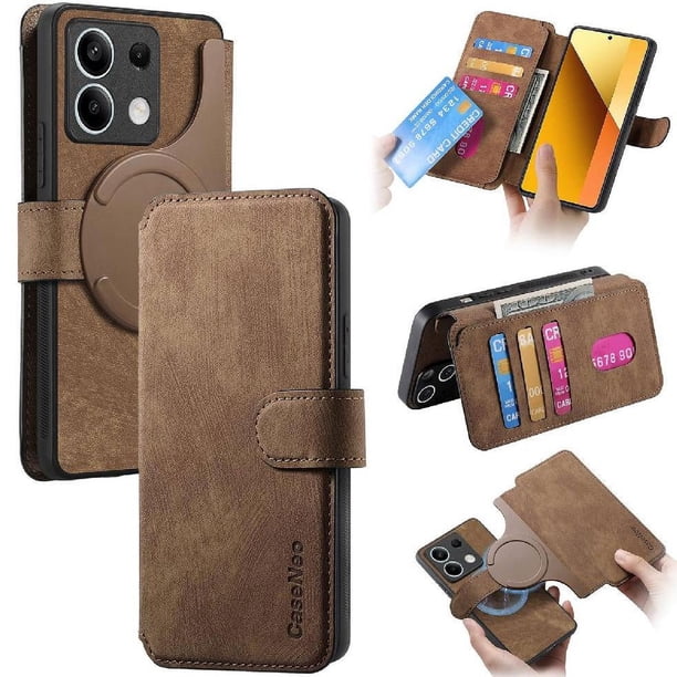 Funda Billetera Magnética para Xiaomi Redmi Note 13 5G Soporte Tarjetas Desmontable Marrón