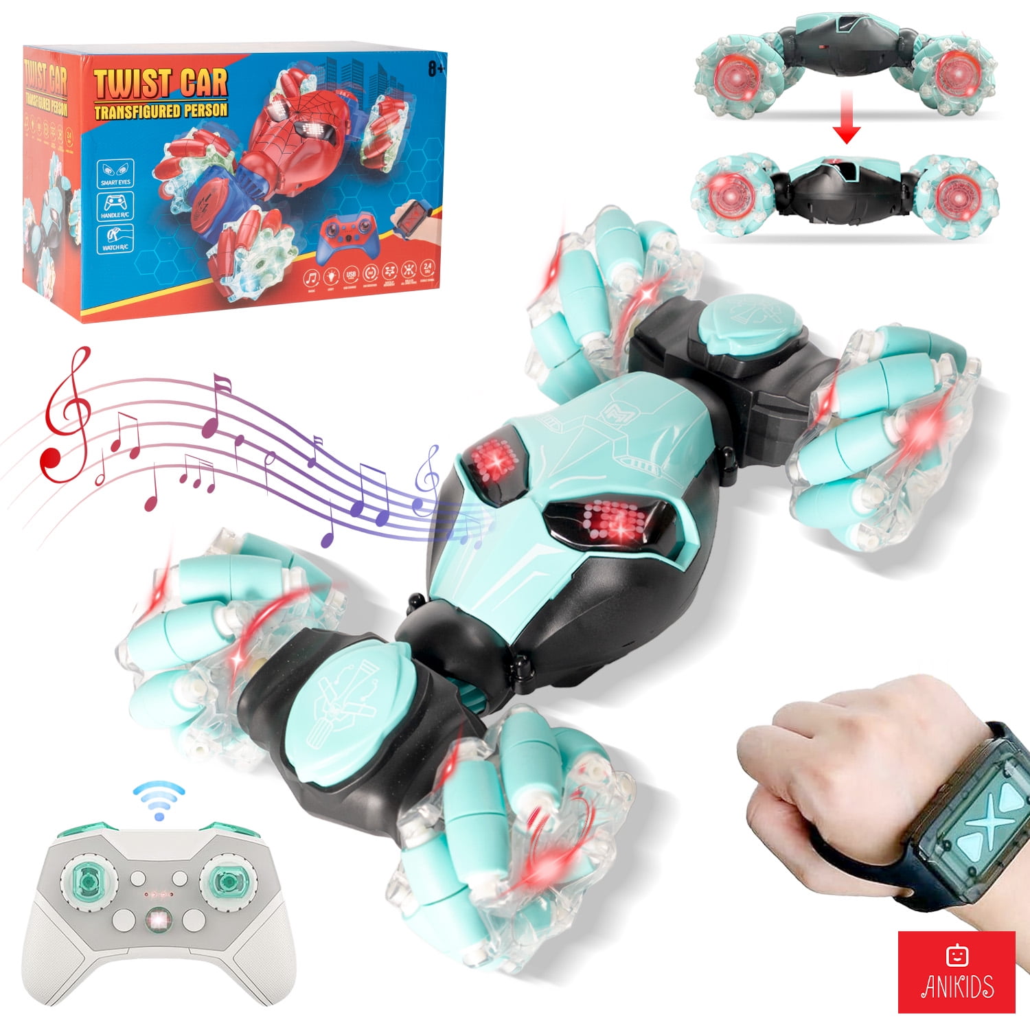 Anikids - Auto De Truco Control Remoto Dual Luz Música Juguete Niños Celeste
