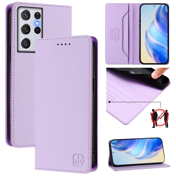 Funda Billetera con Soporte para Samsung Galaxy S21 Ultra Bloqueo RFID Plegable Morado claro