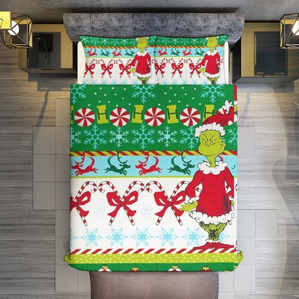 Merry Christmas Grinch Smiley 3 Pieces Duvet Cover Set Full Size Super Soft Fade Resistant Microfiber
