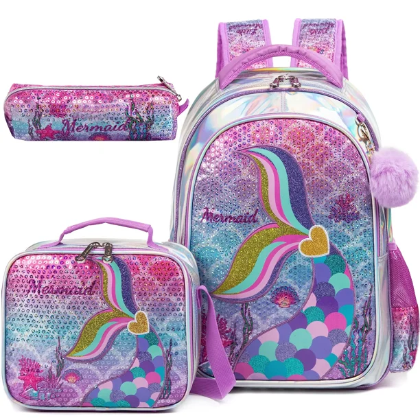 BIKAB Bookbag for Girls Backpack for Girls rainbow and star School Bag with Lunch Box Set for Kindergarten Glitter Sequin