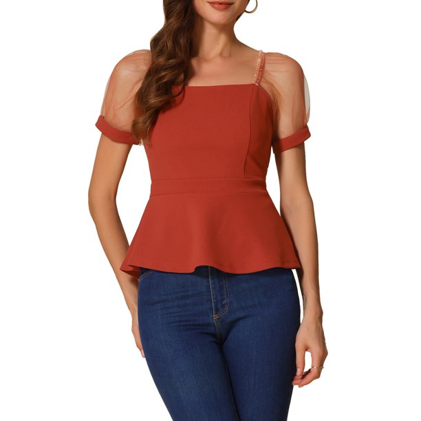 INSPIRE CHIC Elegante Blusa Peplum de Cuello Cuadrado con Mangas Abullonadas para Mujer para Uso Casual M Naranja Rojo