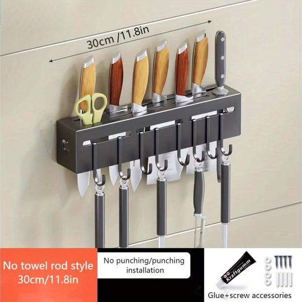 1pc Knife Rack, Wall-mounted Knife Holder With Chopsticks Barrel, Multifunctional Carbon Steel Storage Rack, Kitchen Punch-free Rack With Hooks, Kitchen Storage Organization, Kitchen Accessories