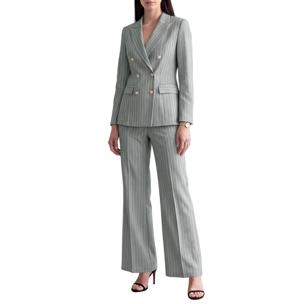 INSPIRE CHIC Conjunto de Traje de Pantalón de 2 Piezas para Mujer, Blazer de Doble Botonadura de Manga Larga, Pantalones, Talla X Pequeña, Gris