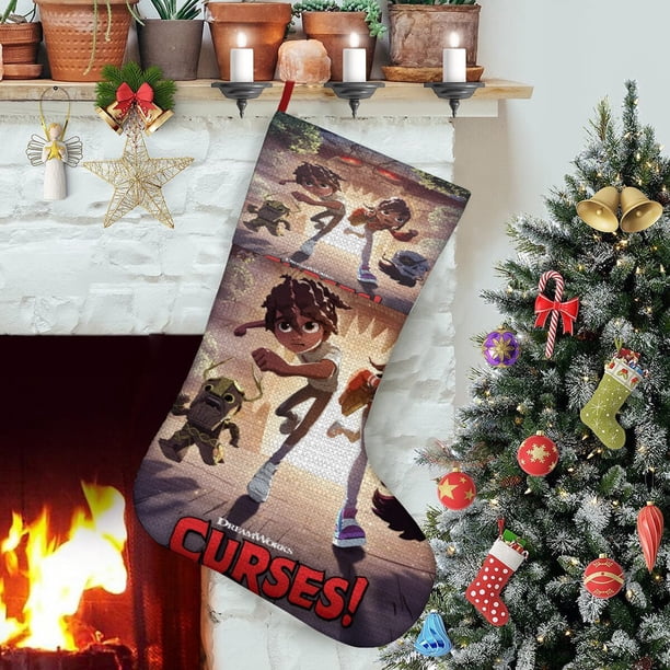 ¡Maldiciones! Tema: Calcetines de Navidad, fino lino blanco para colgar en escaleras y chimenea, decoración navideña para el hogar, regalo de Navidad. 45cm × 32cm