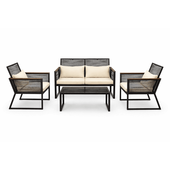 Set de Terraza 4 Piezas Negro con Cojines Beige con Sofá, Sillas y Mesa Vidrio