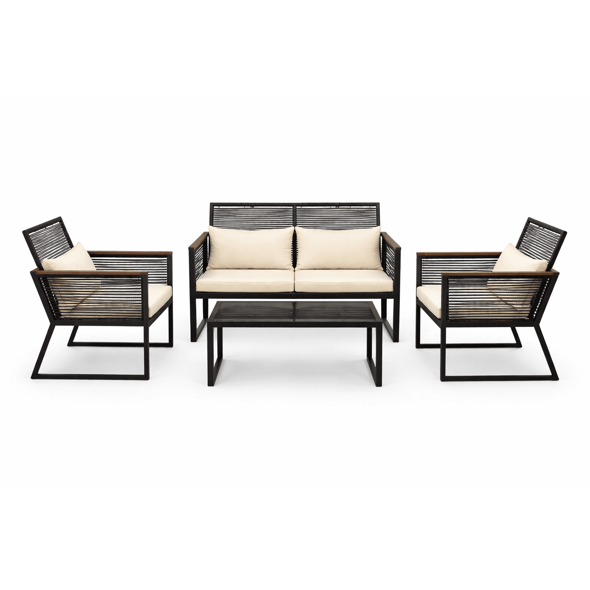 Space Home - Set De Terraza 4 Piezas Negro Con Cojines Beige Con Sofá, Sillas Y Mesa Vidrio