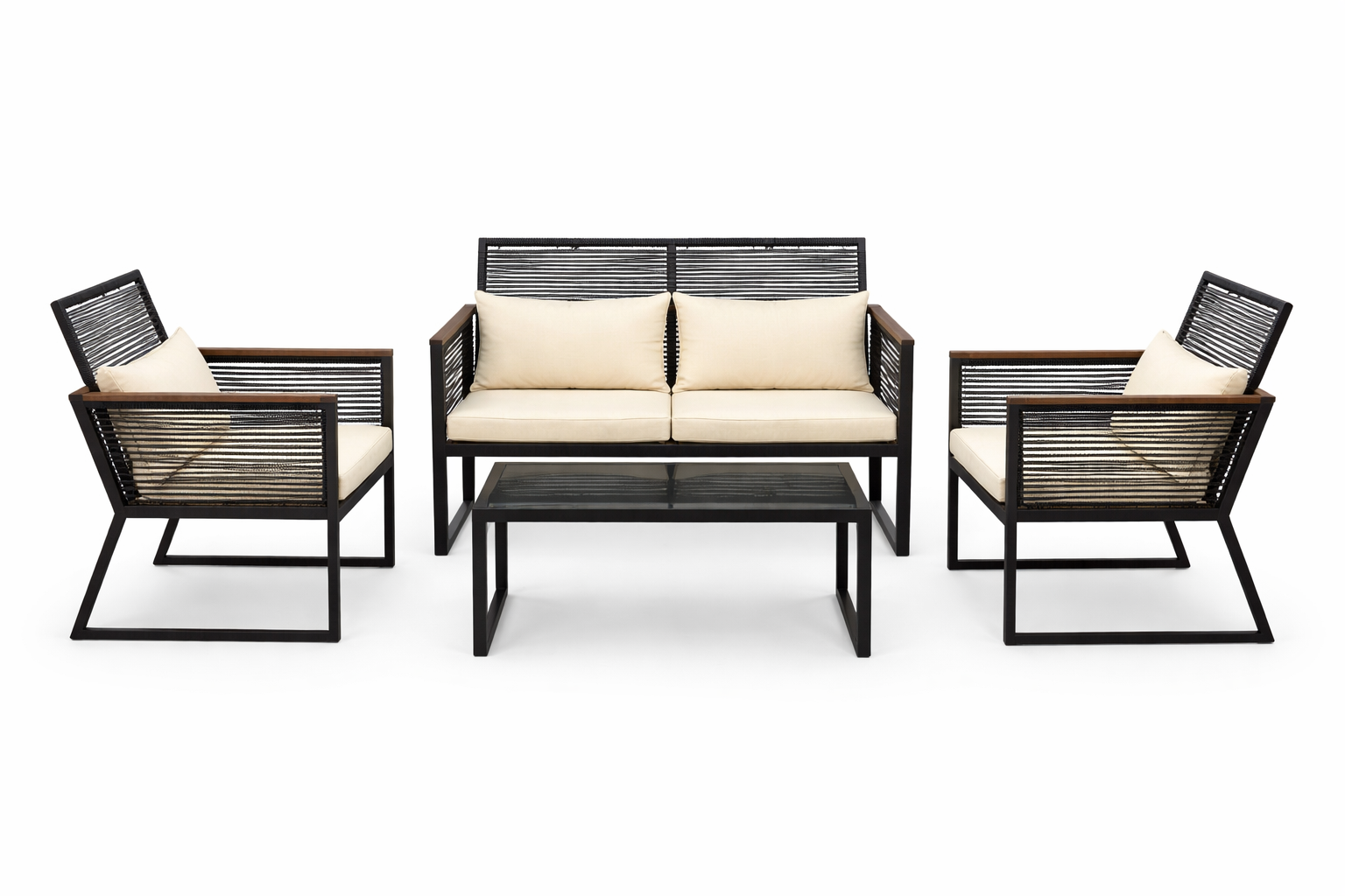 Space Home - Set De Terraza 4 Piezas Negro Con Cojines Beige Con Sofá, Sillas Y Mesa Vidrio