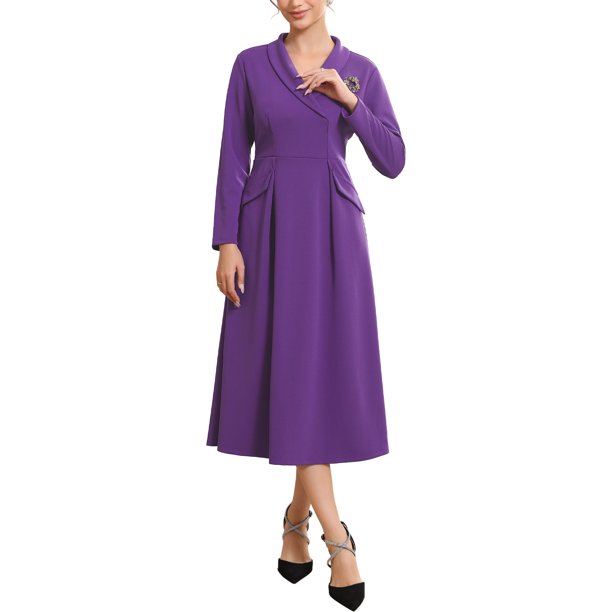 INSPIRE CHIC Vestidos Formales de Blazer para Mujer Cuello con Solapa Cuello en V Manga Larga Vestido de Trabajo Línea A L Púrpura