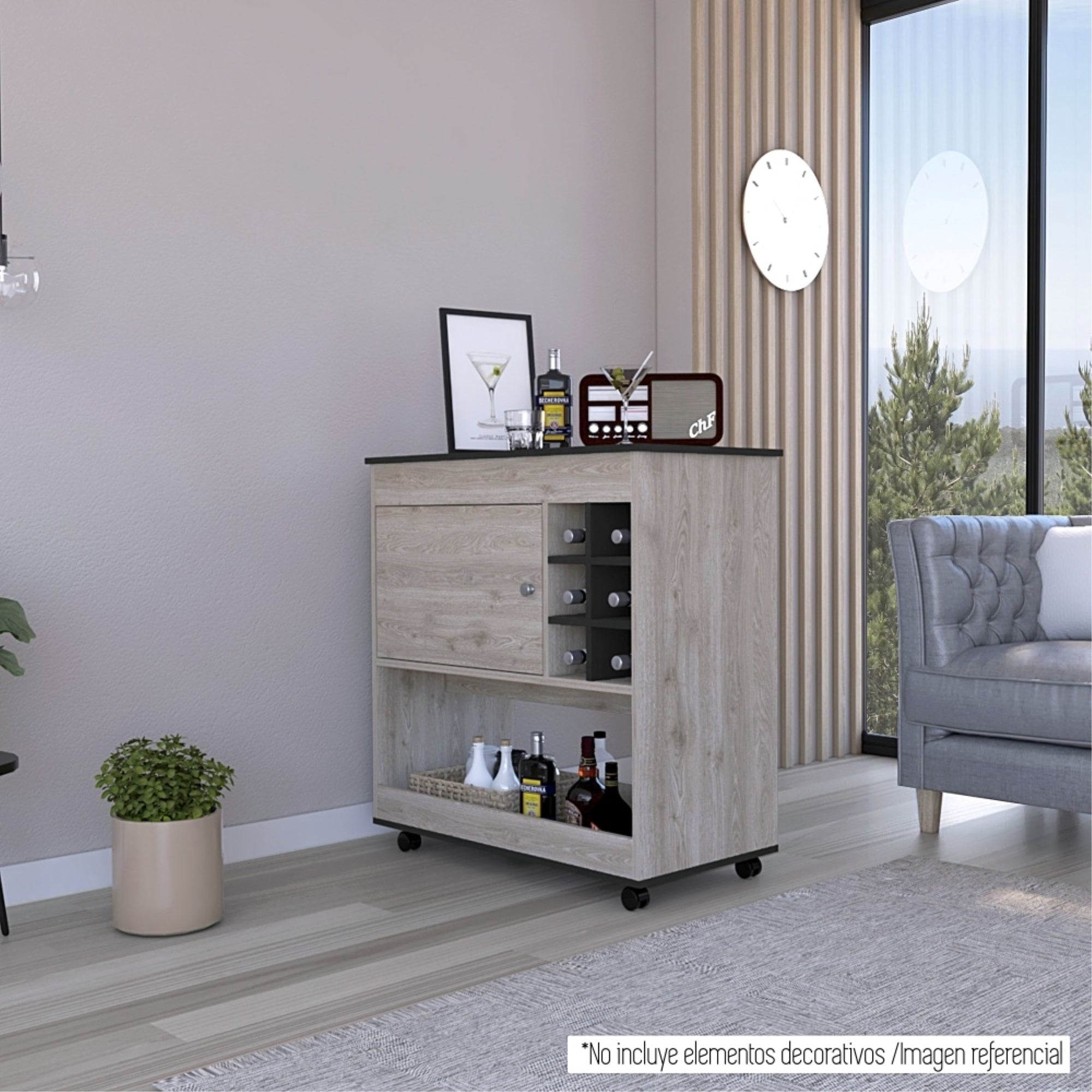 Tuhome - Mueble Bar Bajo Bi-color 95x90x47 Cm Ceniza Y Wengue Con Ruedas