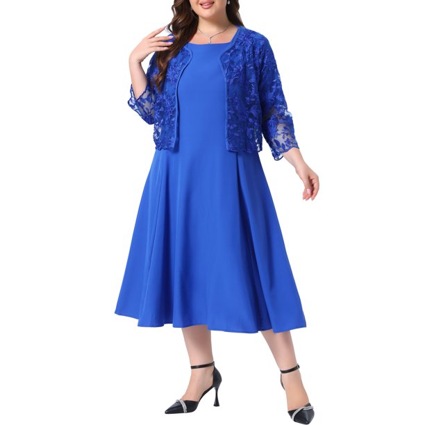 Agnes Orinda Vestido de Línea A de Manga Corta para Mujer de Talla Grande y Chaqueta de Encaje con Manga 3/4 Floral Abierta al Frente Elegante Conjunto de Vestido Formal de 2 Piezas 1X Azul