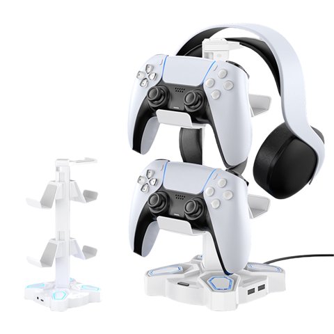 Soporte Para Auriculares Aaronmei Rgb Giratorio Rosado Con Aux 3.5Mm Y 2 Puertos Usb Blanco