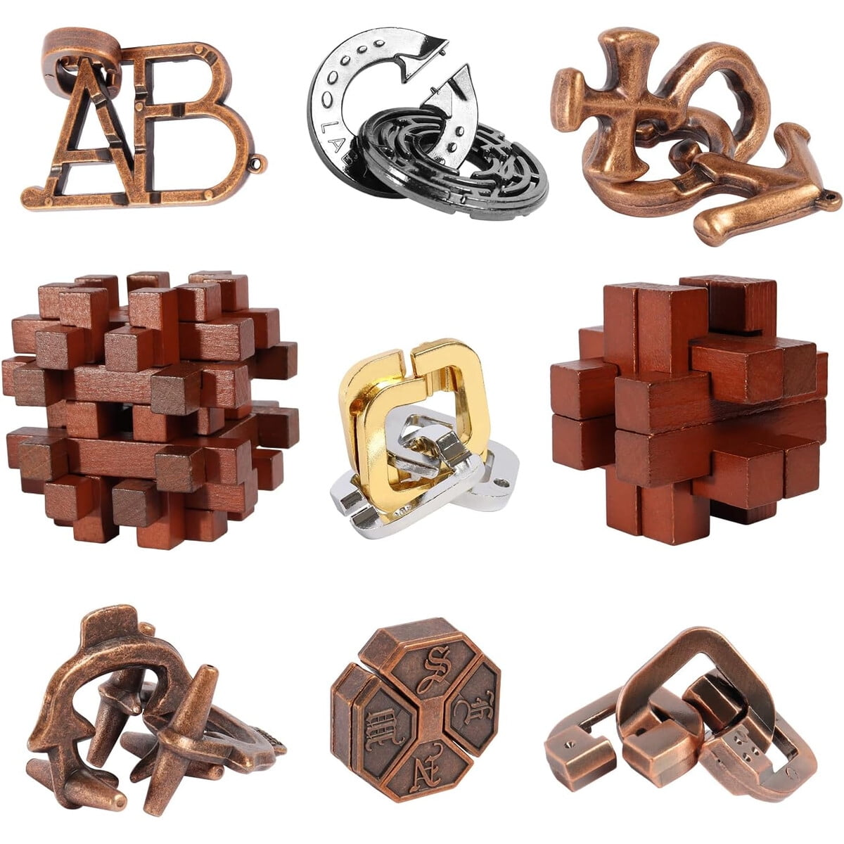Set 9 Puzzles Actpo Metal Madera Juego Ingenio Iq