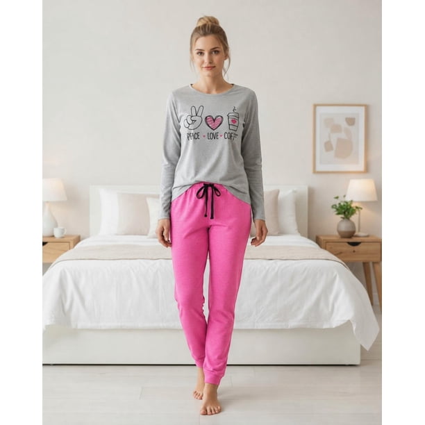 Pijama Mujer Algodón Peace Love Coffee Gris fucsia M