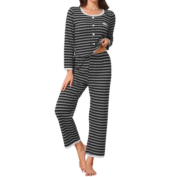 Conjunto de Pijama de Encaje para Mujer INSPIRE CHIC, Conjunto de 2 Piezas de Manga Larga a Rayas, Conjunto a Juego Lindo 2026 Otoño Invierno XL Negro