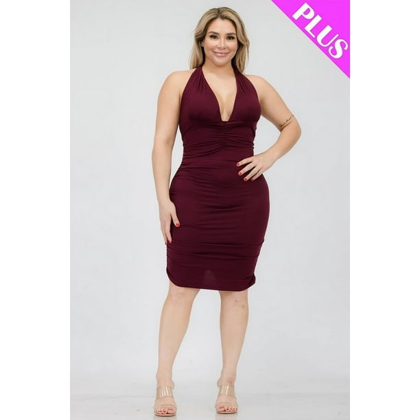 Vestido Mini Ajustado Fruncido Con Espalda Cruzada Y Escote Pronunciado