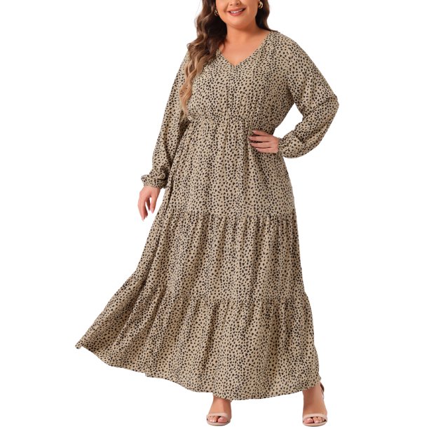 Agnes Orinda Vestido Maxi Largo de Lunares para Mujer Talla Grande de Escuela Colegio con Mangas de Linterna y Dobladillo con Volantes Flowy Boho 3X Caqui