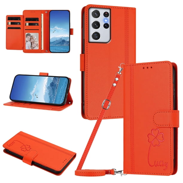 Funda Cartera Trébol para Samsung Galaxy S21 Ultra con Ranuras Tarjetas y Carga Inalámbrica Naranja