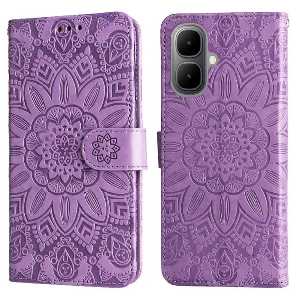 Funda tipo cartera FOXDOCK para Infinix Smart 10 4G , diseño girasol en relieve, cuero PU, cierre magnético, soporte y tarjetero