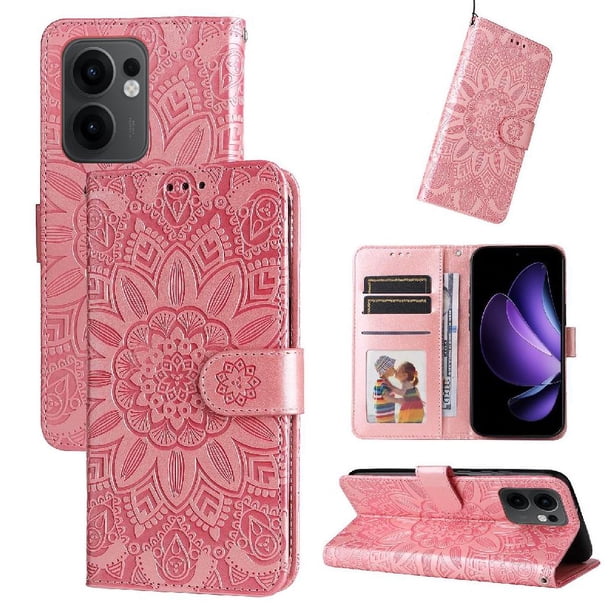 Funda tipo cartera FOXDOCK para OPPO Reno 13F , diseño girasol en relieve, cuero PU, cierre magnético, soporte y tarjetero