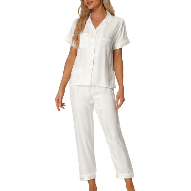 INSPIRE CHIC Conjunto de pijama de satén para mujer con botones, manga corta y pantalones largos, conjunto de ropa de dormir a rayas sólidas, talla S, blanco