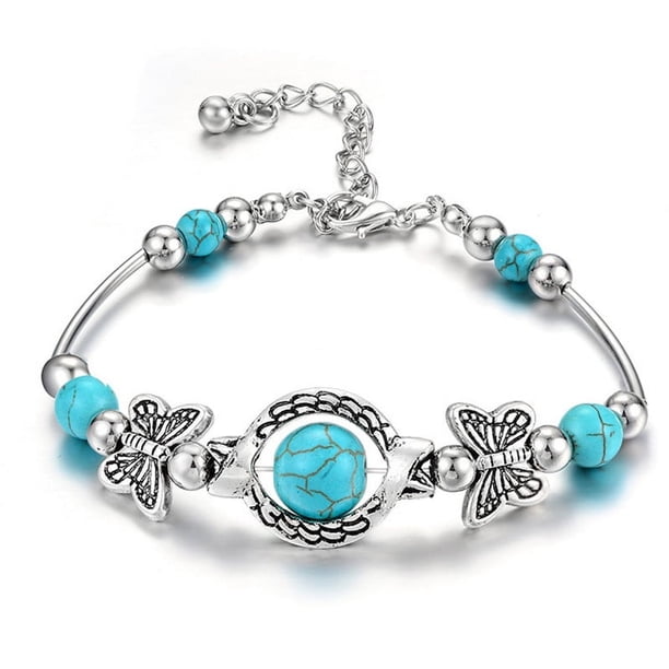 Vintage Butterfly Bracelet with Natural Turquoise and Silver Beads - Perfect Wedding Gift for Women and Girls