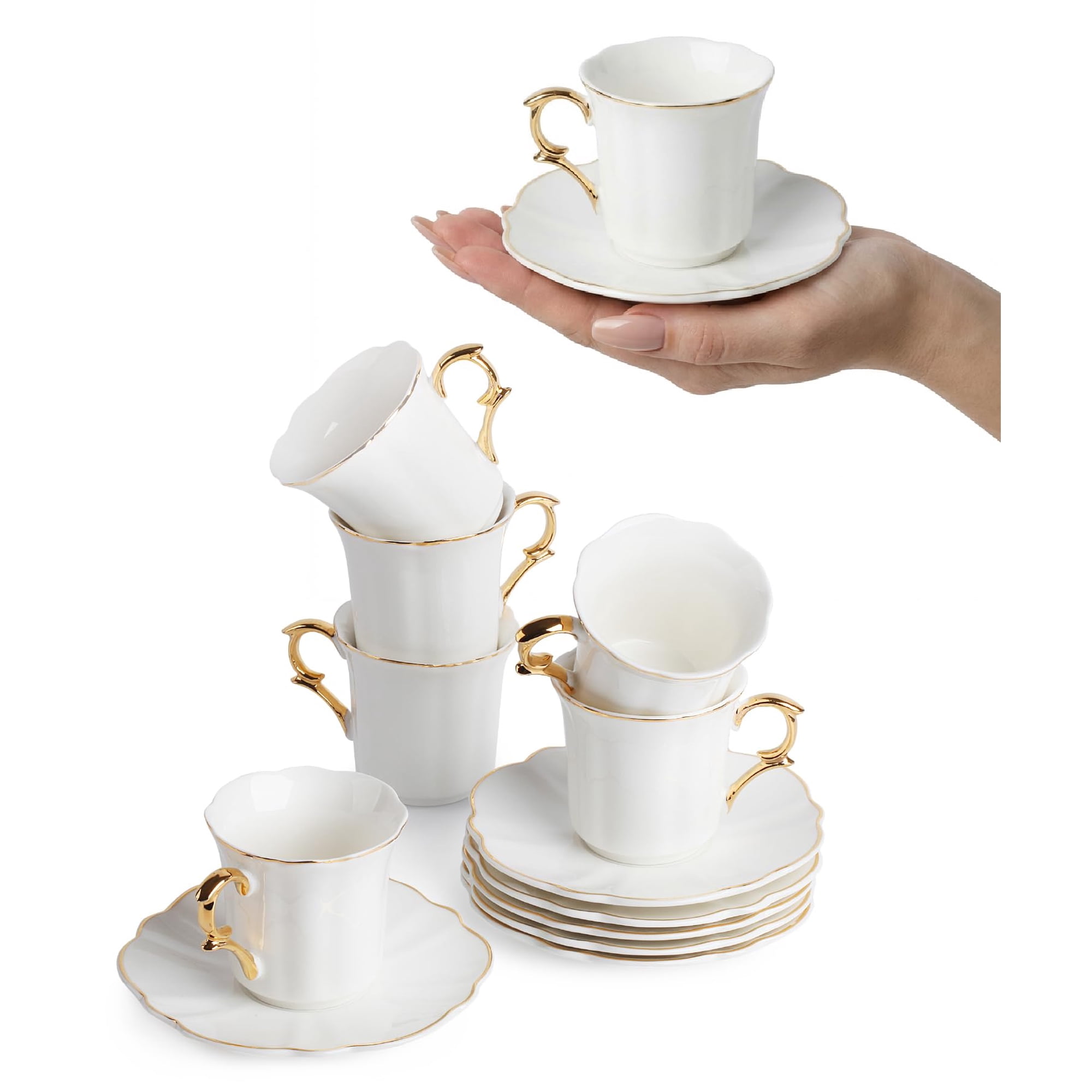Juego De Tazas Para Café Turco Brew To A Tea De 3 Oz, 12 Piezas, Blanco Y Dorado