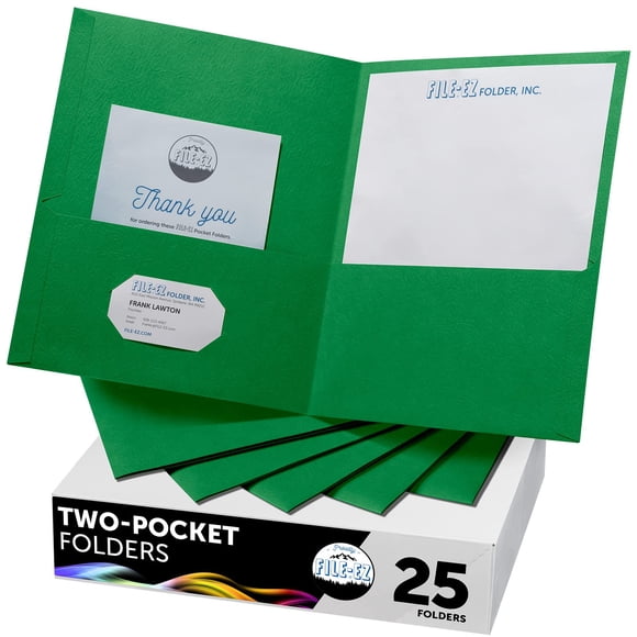 Carpetas de papel texturizado verde FILE-EZ con dos bolsillos, paquete de 25
