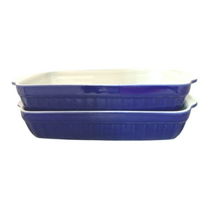 Genérico - Set 2 Fuentes De Cerámica Tipo Gres, Rect. - 31Cm. Blanco- Azul.