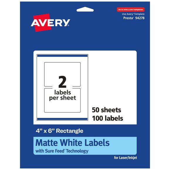 Etiquetas Label Avery, rectangulares, color blanco mate, 4 x 6 cm, 100 unidades, color blanco