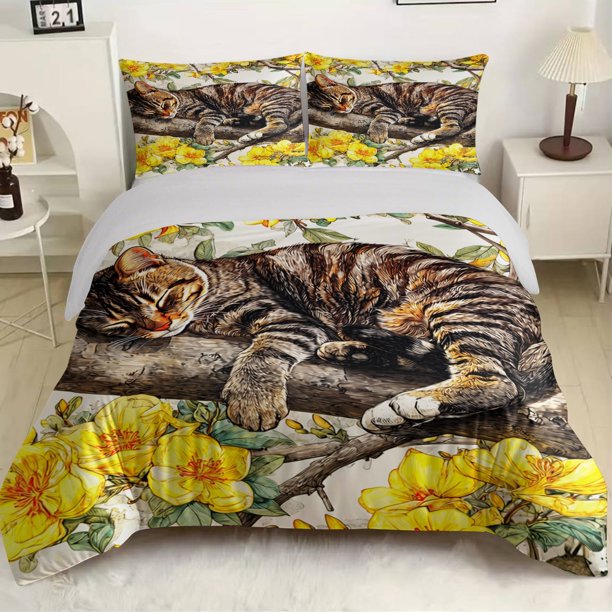 Sleeping Cat And Yellow Flowers Print bedding Includes One Duvet Cover And Two Pillowcases Without Filling for Bedroom Hotel Hostel And Dormitory Use