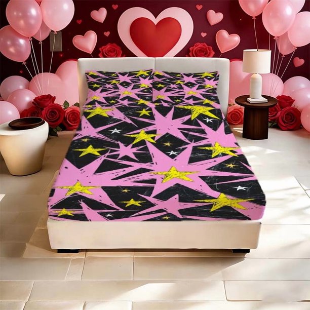 Black Pink Star Map Printed Fitted Sheet Fitted Sheet Pillowcase Set Soft Comfortable And Breathable for All Seasons Essential for Bedroom Or Dormitory Decorati