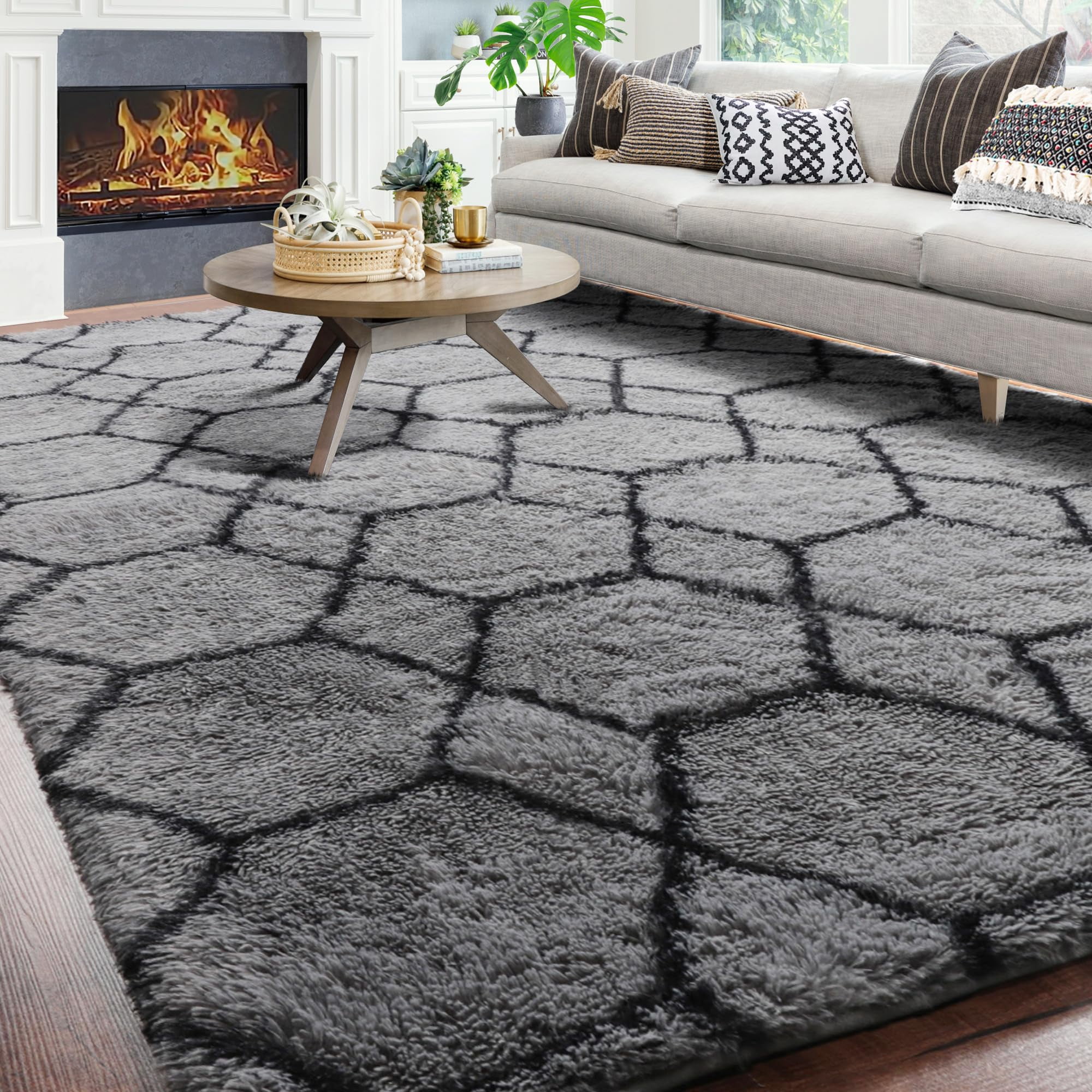 Alfombra Onasar 8x10 Para Sala De Estar, Geométrica Gris/negra