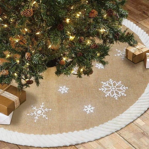 Falda de arpillera AerWo para árbol de Navidad, 122 cm, con copo de nieve blanco