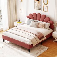 M&Ms - Queen Size Upholstered Platform Bed With Flower Pattern Velvet Headboard, Bean Paste Red