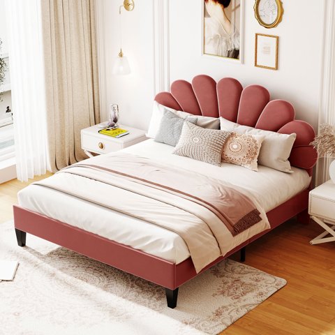 M&Ms - Queen Size Upholstered Platform Bed With Flower Pattern Velvet Headboard, Bean Paste Red