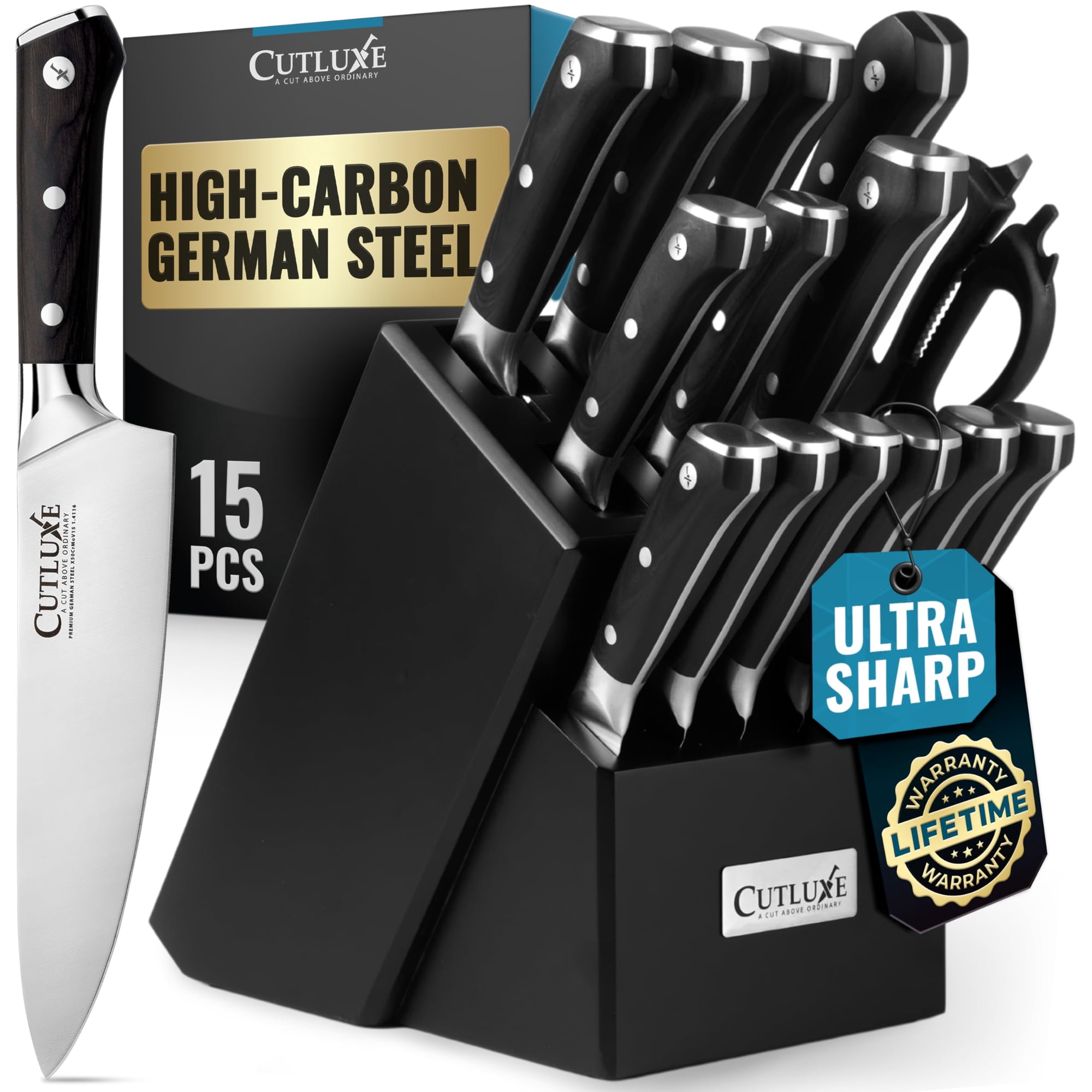 Juego De Cuchillos Cutluxe Artisan Series De 15 Piezas Con Bloque De Madera Negro
