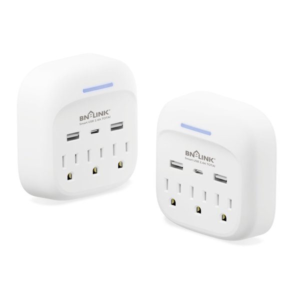 Extensor de enchufe BN-LINK Multi Plug, paquete de 2 con 3 puertos USB