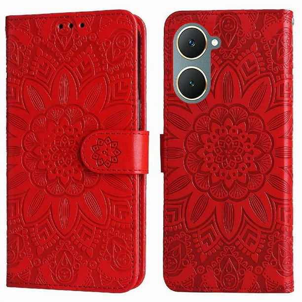 Funda tipo cartera FOXDOCK para Vivo Y03 4G , diseño girasol en relieve, cuero PU, cierre magnético, soporte y tarjetero
