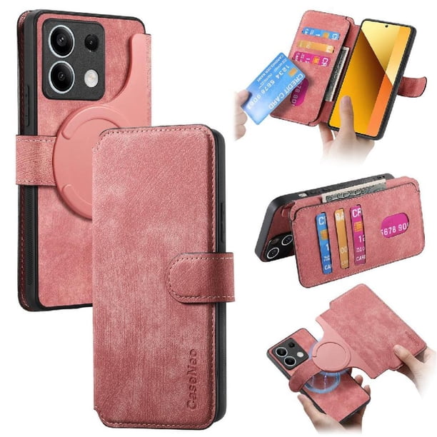 Funda Billetera Magnética para Xiaomi Redmi Note 13 5G Soporte Tarjetas Desmontable Rosa