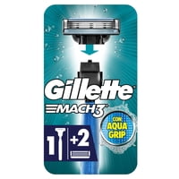 Pack Máquina De Afeitar Recargable + 2 Repuestos Mach3 Aquagrip Con Mango Antideslizante 1 Un Gillette