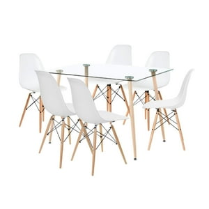 Klik Muebles - Comedor Mesa De Vidrio Rectangular 120X80 + 6 Sillas Eames Blancas