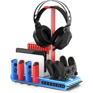 Base De Carga Aaronmei Para Controlador Switch Joycon Con Soporte Para Auriculares Y Ranura Para Cartuchos De Juego Luz Ambiental Rgb Azul