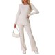 thumbnail image 2 of INSPIRE CHIC Conjunto de Salón de Punto Acanalado para Mujer, Conjunto de Pijama de Dos Piezas con Top de Manga Larga y Pantalones, Talla S, Blanco, 2 of 5