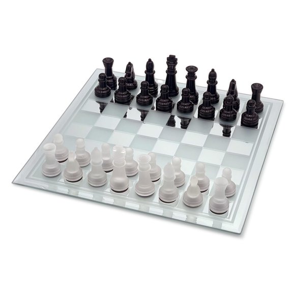 Juego de ajedrez vanguardista de vidrio esmerilado negro con tablero de espejo